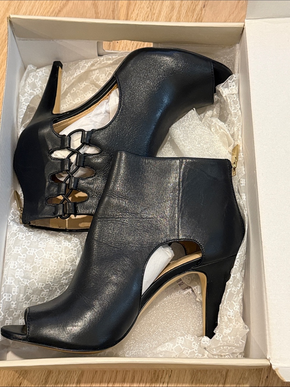 Banana Republic Black Leather Peep-Toe Cutout Stiletto Booties
